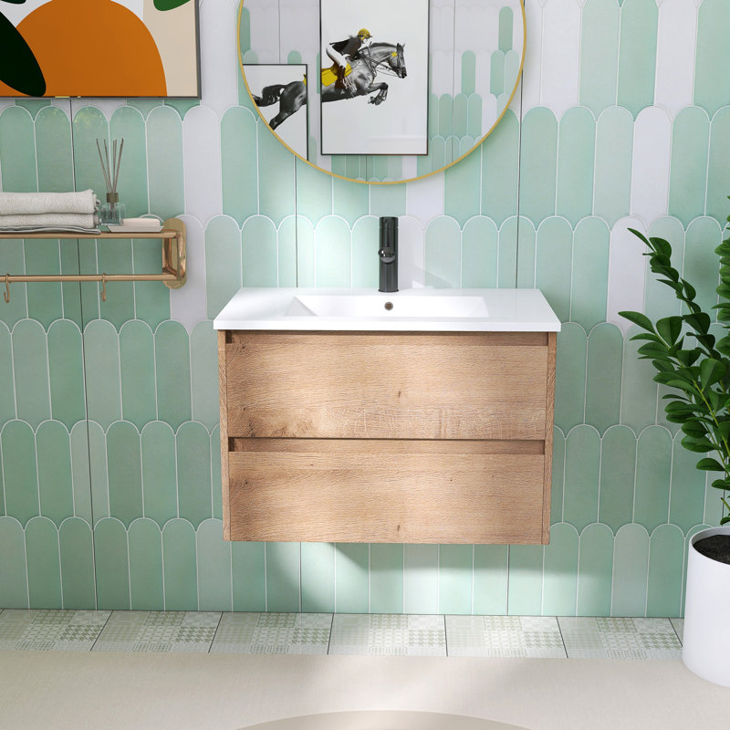 Iymona 30" Single Wall-Mounted Bathroom Vanity Set, Floating Bathroom Vanity with 2 Drawers, Ceramic Basin Sink Top, White