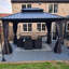 Pavillon de jardin d'extérieur en aluminium pourpre 10 pi x 12 pi avec double toit en acier galvanisé robuste pour terrasse de patio, filet et rideaux inclus, gris-102379127
