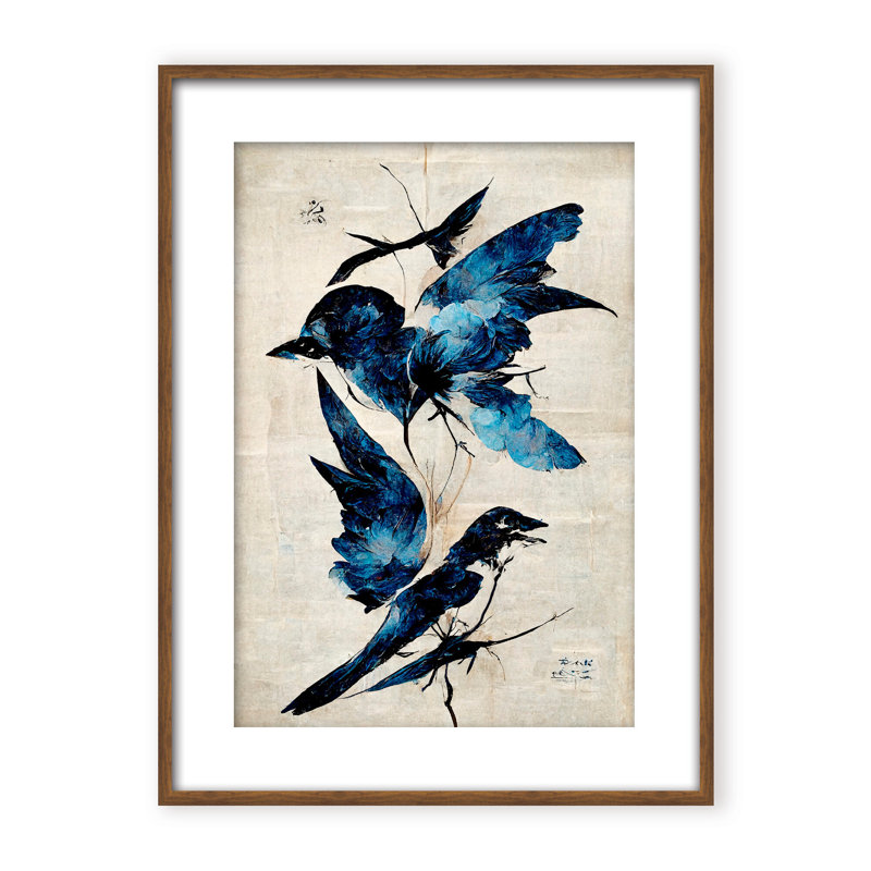 Nature Inspired Blue Birds, 30" H x 24" W x 1.125" D, Framed Matted Print, White