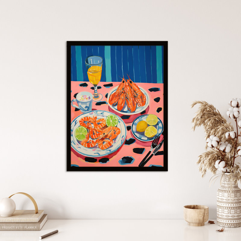 Party Shrimp Oil Painting Yellow Pink Blue Kitchen Table - Single Picture Frame Print