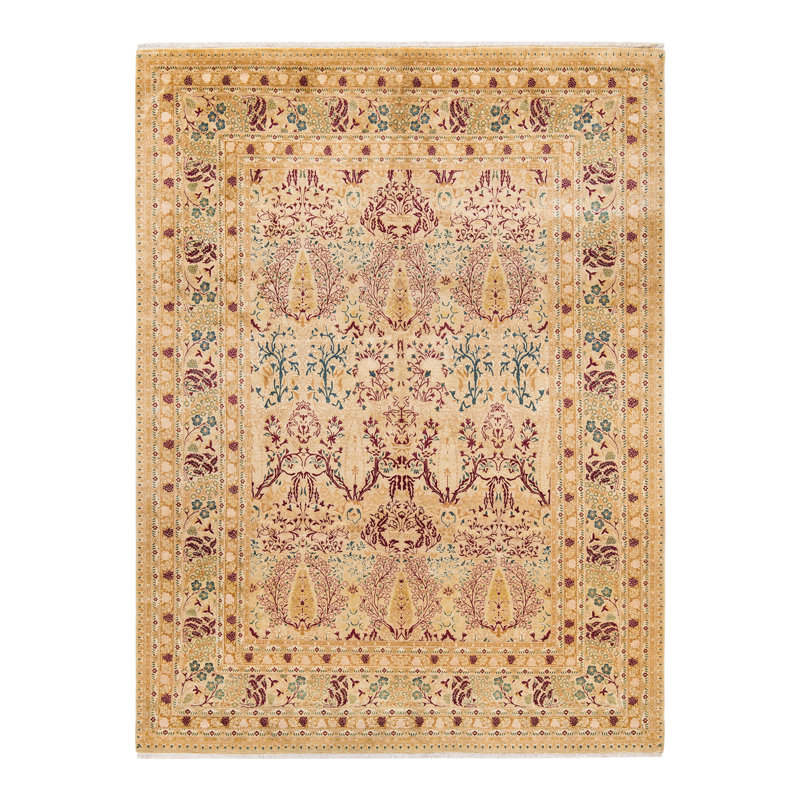 Tapis beige en laine noué à la main de conception unique 7 pi 10 po x 10 pi 8 po Keenan