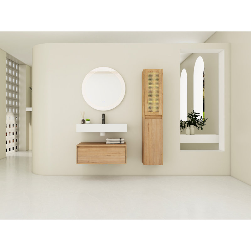 Unité de salle de bain moderne avec lavabo en résine et armoire latérale - configuration fonctionnelle et ajout élégant de rangement