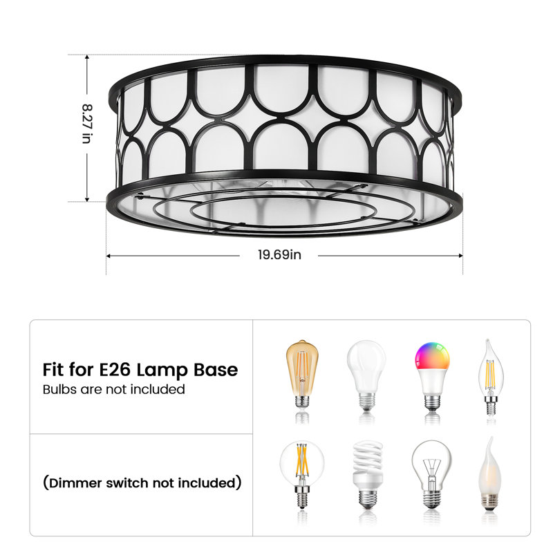Ventilateur de plafond encastré moderne 20 po avec trousse d'éclairage et télécommande, Noir