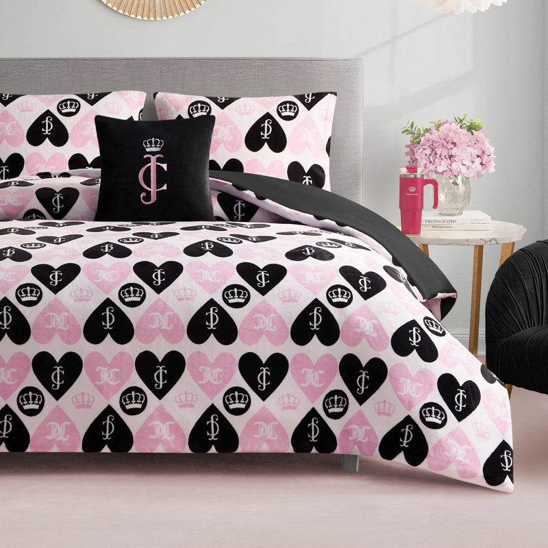Juicy Couture Plush Queen Heart Logo Reversible Comforter Sets, Full/Queen Comforter + 3 Additional Pieces