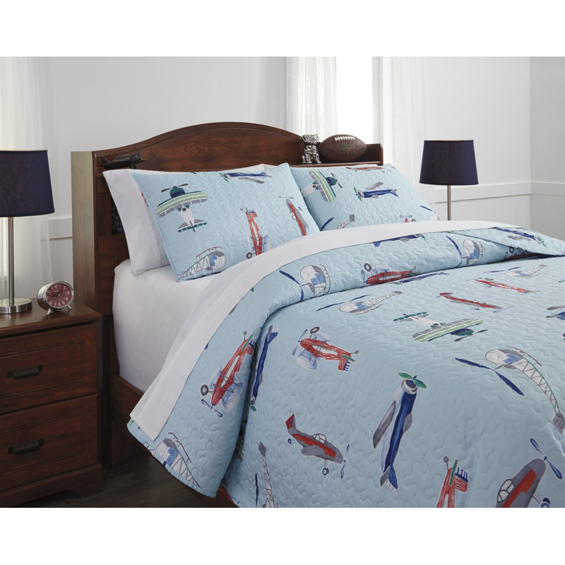 Blue Airplane Microfiber Full Quilt Set for Kids