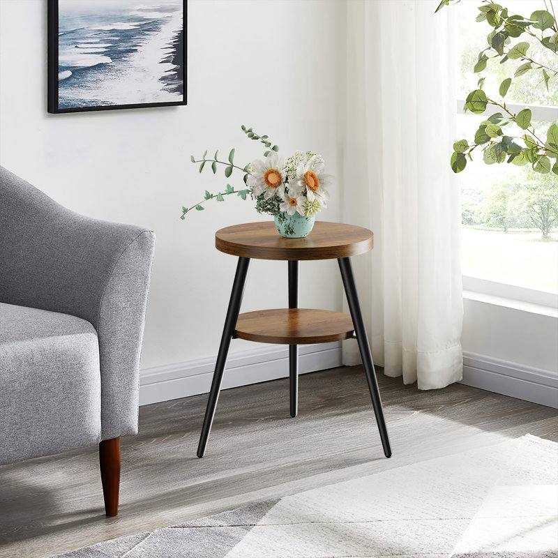 Table de bout ronde avec 3 pieds et 2 niveaux de rangement, Chêne rustique