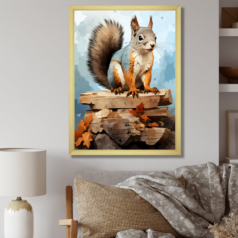 «Brown Squirrel Forest Adventure» - art mural animal écureuil, H 40 po x l 30 po x P 1,5 po, Cadre doré simple