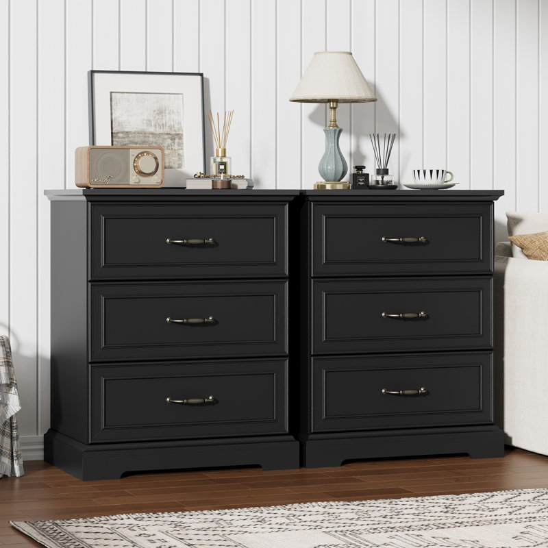 Ensemble de table de chevet à 3 tiroirs de 23,6 po avec 2 poignées en métal pour chambre à coucher, Black