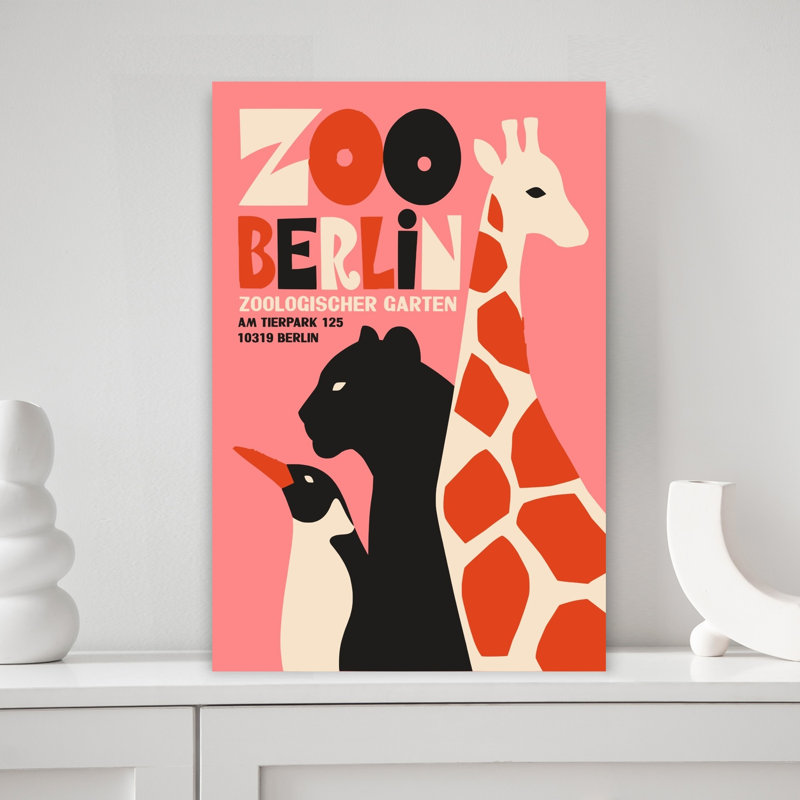 Retro Zoo Berlin Animals Abstract Bold Colorful Cat Giraffe Penguin Wildlife Wall Art Print 1 Piece Wrapped Canvas Wall Art