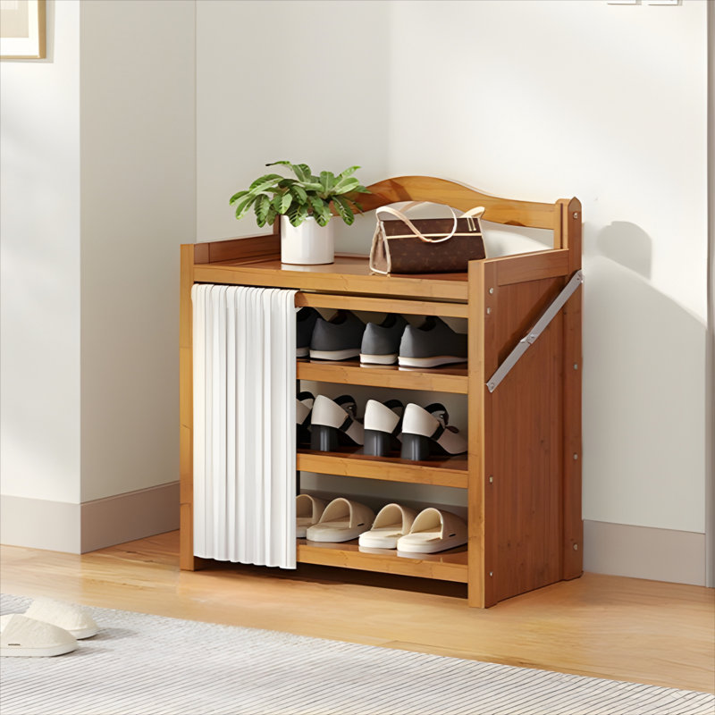 Foldable Shoe Rack For Home - Bamboo Entryway Shoe Organizer With Dust-Proof Curtain, Multi-Layer Design For Easy Storage