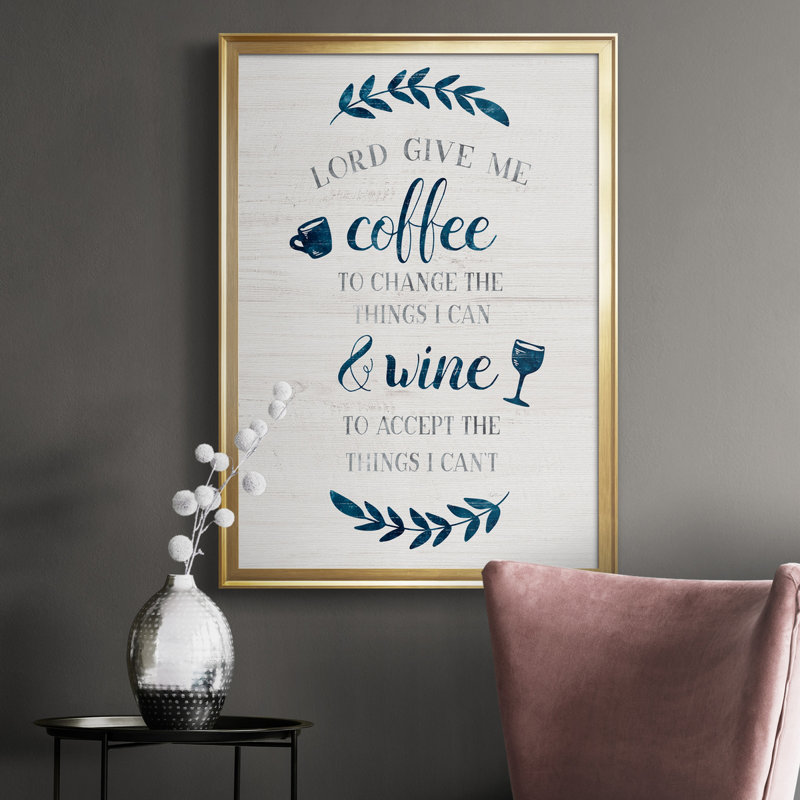 «Coffee and Wine», art textuel sur toile, Cadre doré, H 30,5 po x l 42,5 po x P 1,5 po