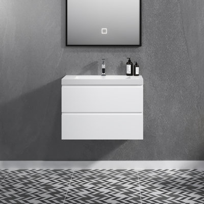 30" Floating Bathroom Vanity Modern Wall-Mounted Single Vanity with Integrated Resin Top, 2 Soft Close Drawers, Full Assembly