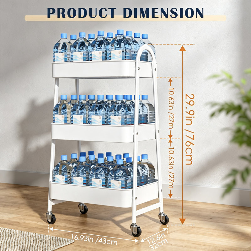 3 Tier Metal Rolling Storage Trolley with Mesh Shelves and Handle, Slim Utility Cart with Lockable Wheels for Kitchen Bathroom Laundry Office and Craft Storage, White