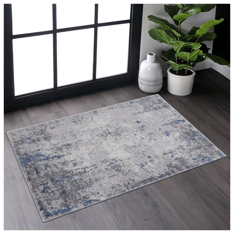 MARFI Modern Abstract Area Rug 8x10 - Silver & Blue Stain Resistant Machine Woven Carpet for Living Room