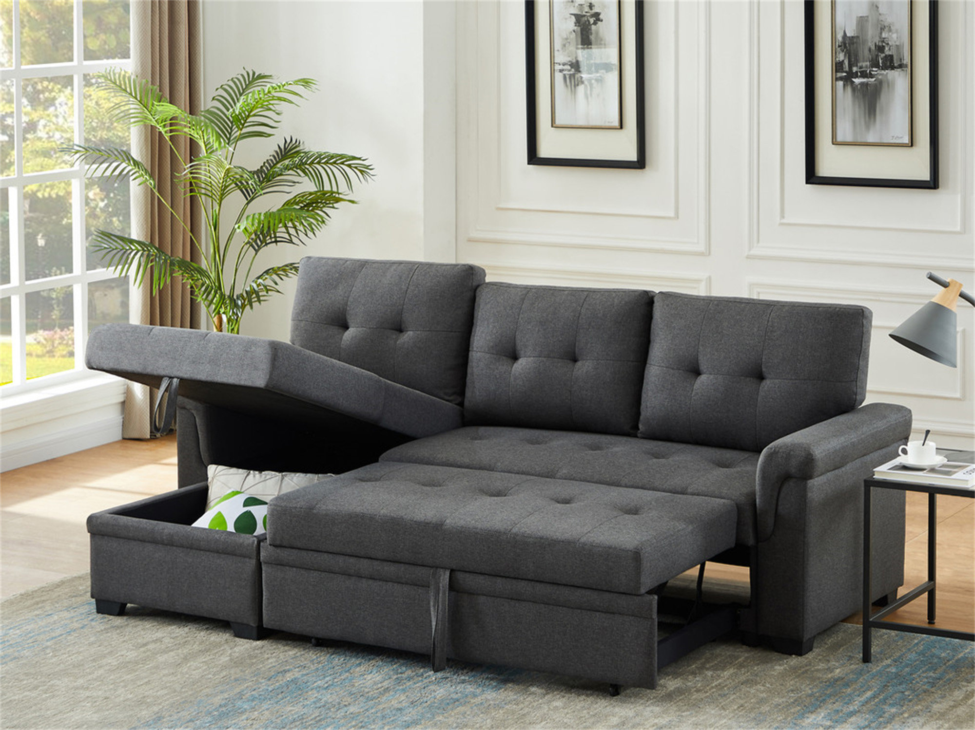 Ebern Designs Hunter 84" Linen Reversible Sleeper Sectional Sofa With ...