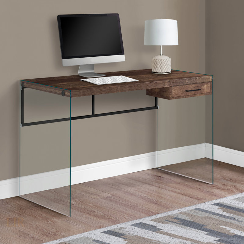 Contemporary Computer Desk With Clear Tempered Glass And Storage, Ideal For Modern Home Offices And Compact Spaces, Brown