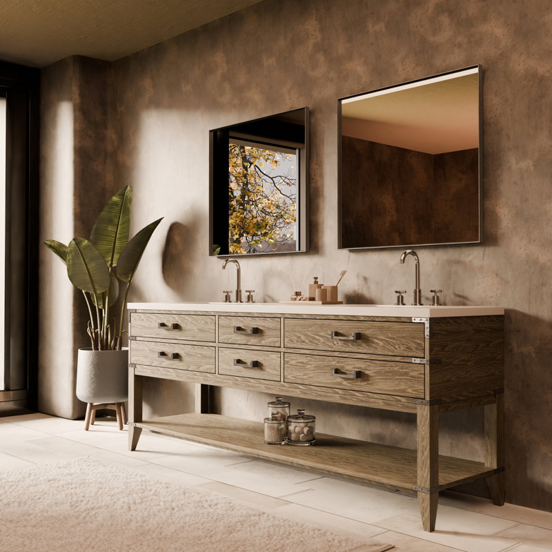 84" Double Bathroom Vanity Set, Gray Oak, White Cultured Marble