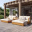 Canapé-lit de jardin inclinable avec coussins et oreillers de dossier couleur crème, capacité de 363 kg, en teck et crème-134071737
