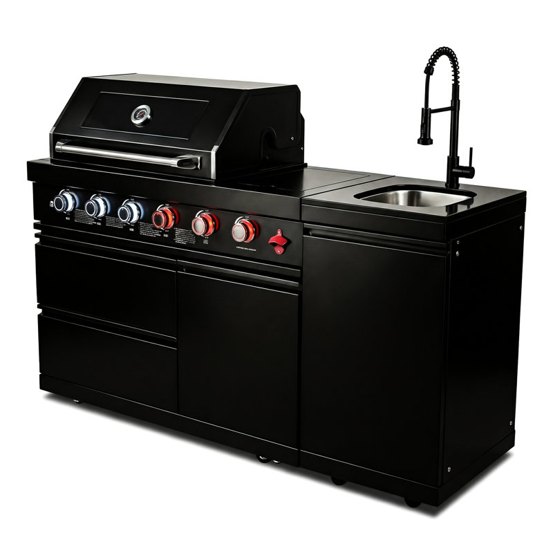Barbecue de cuisine 46 pouces 4 72000 avec grilles de cuisson en acier inoxydable, lumières halogènes et ouvre-bouteille avec couvercle à deux lignes, roulettes