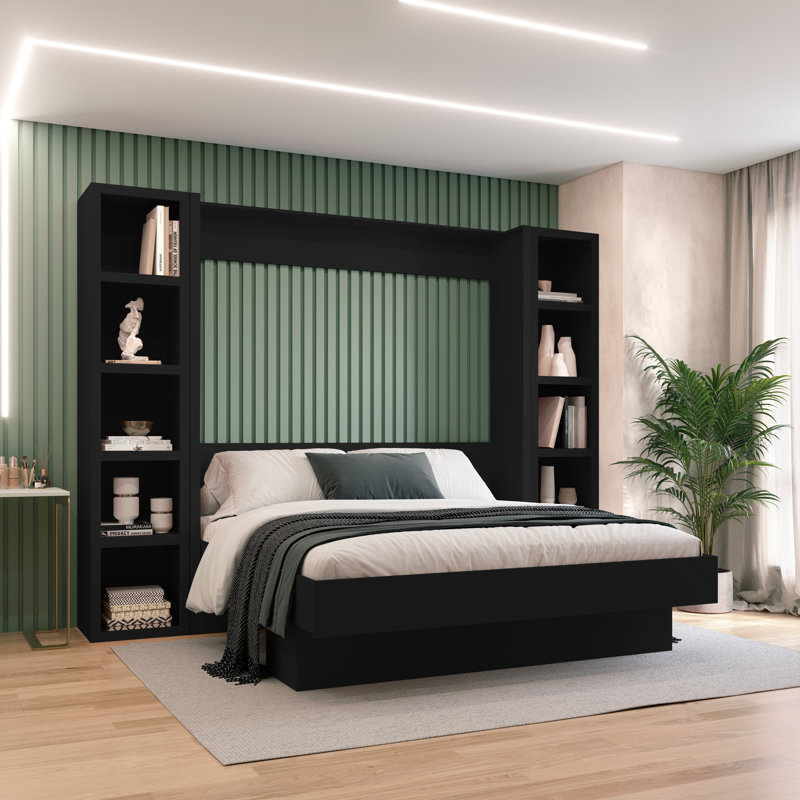 Easy-Lift Murphy Wall Bed in Wood Grain with Two Bookshelves, Black, King