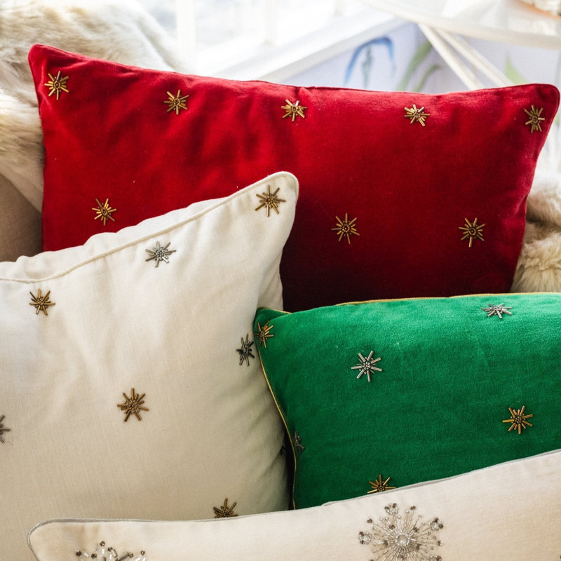 Embroidered Star Cotton Throw Pillow Cover and Insert, Taupe