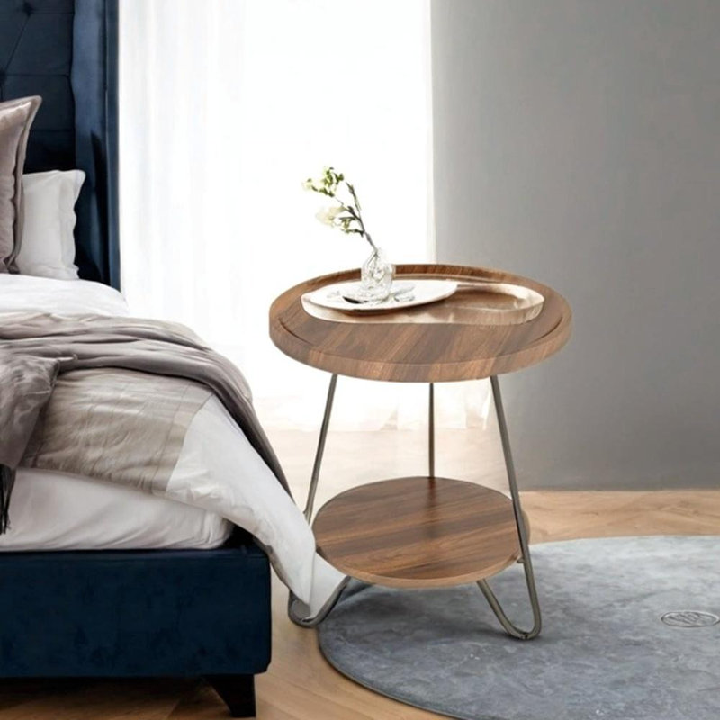 Table de bout ronde à 2 niveaux avec pieds en métal, petite table d'appoint et table de chevet pour le salon et la chambre à coucher