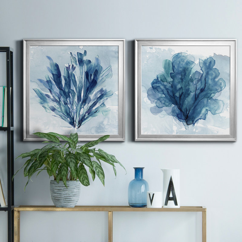Alexio Coastal Coral I - 2 pièces, peinture sur toile encadrée, H 22,5 po x l 45 po x P 1,5 po, Cadre argenté