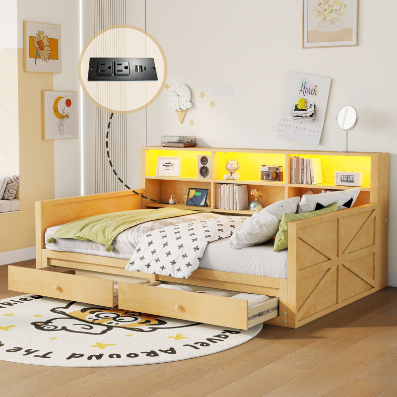 Extendable Twin Daybed to Double with Storage Headboard, LED Light & Charging Station, Natural, Natural