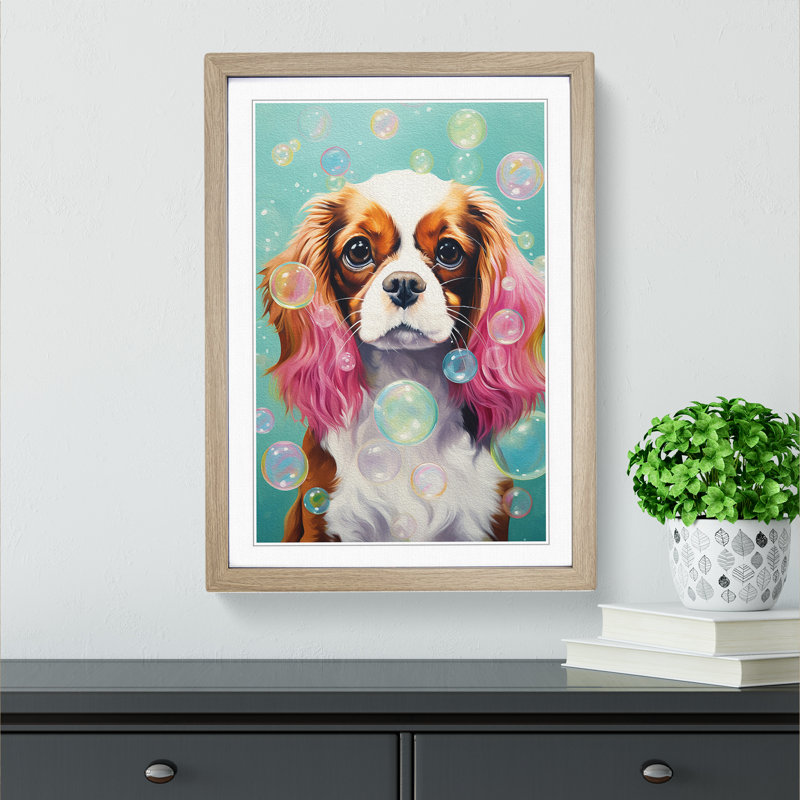 Cavalier King Charles Spaniel Bubble Gum Painting Framed Print, Oak, 46cm H x 34cm W x 2cm D