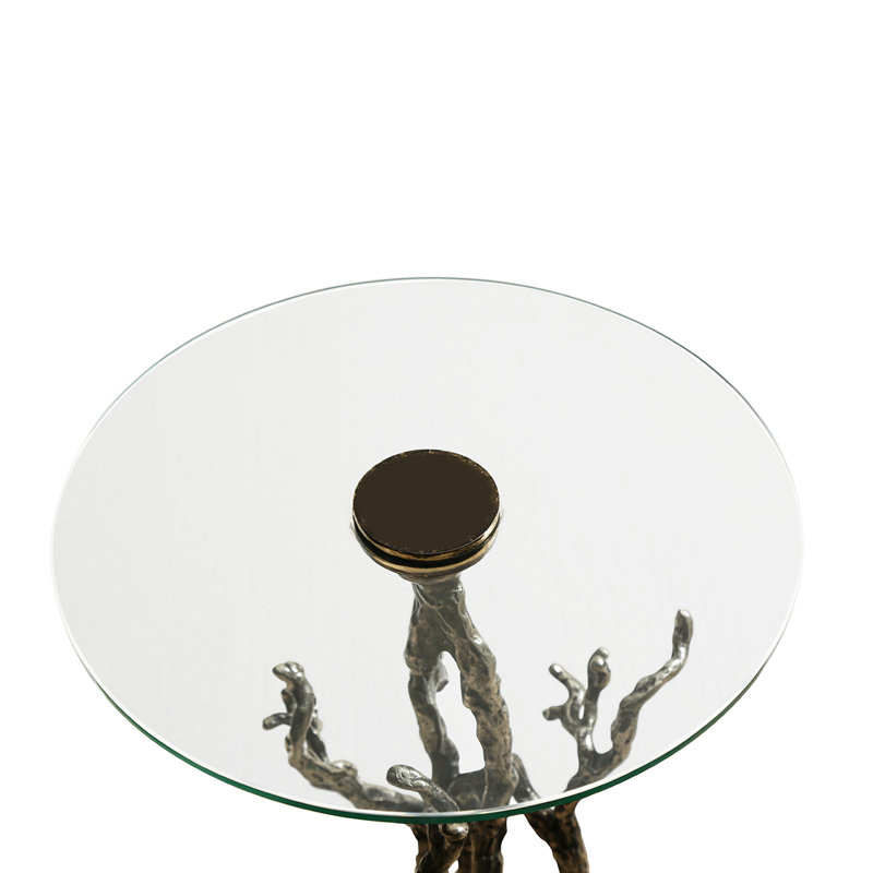 Glass Top Round End Table with Metal & Marble Base, 60cm Tall Sofa Side Table , Accent Table