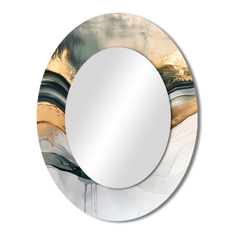 Silent Melody Of Golden Hard Edge Ink II - Gold Modern Oval Wall Mirror, 43" x 33"
