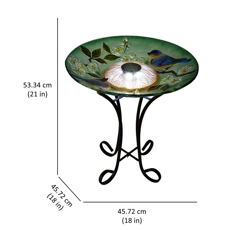  Solar LED Floral Glass Bird Bath with Stand - Blue Bird & Peach Blossom