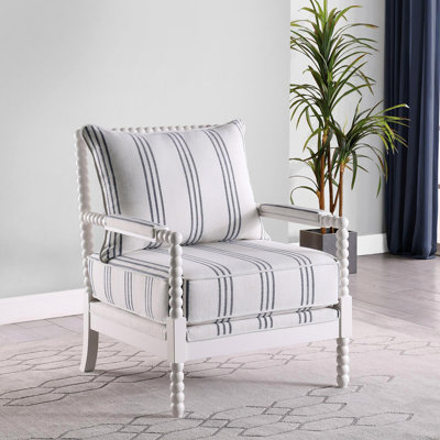 White & Navy Stripe Spindle Accent Chair – Boho/Nautical Style + Padded Armrests