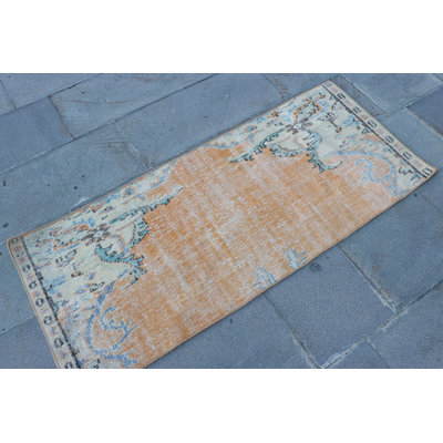 Vintage Turkish Oushak Small Rug in Neutral Scandinavian Style for Bathroom Decor - Orange