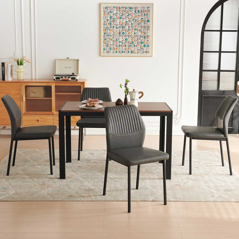 47" Kitchen Table And Chairs Set,Walnut Table With 4 Faux Leather Chairs For Dining Room Kitchen Apartment - Grey, Gray