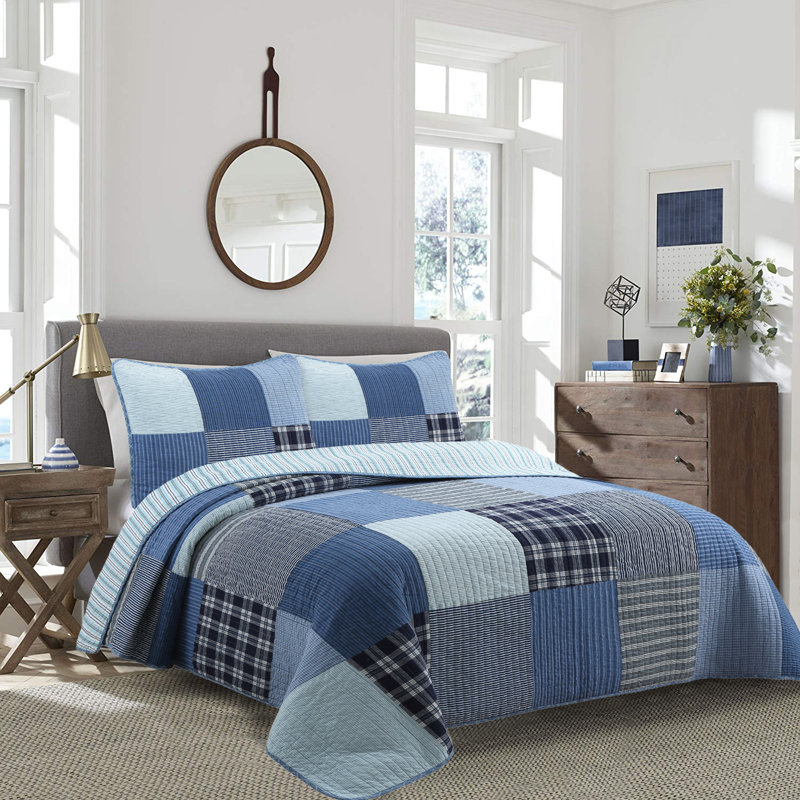 Ensemble de literie réversible en coton à carreaux bleu marine Klein, Courtepointe pour lit grand + deux taies décorati