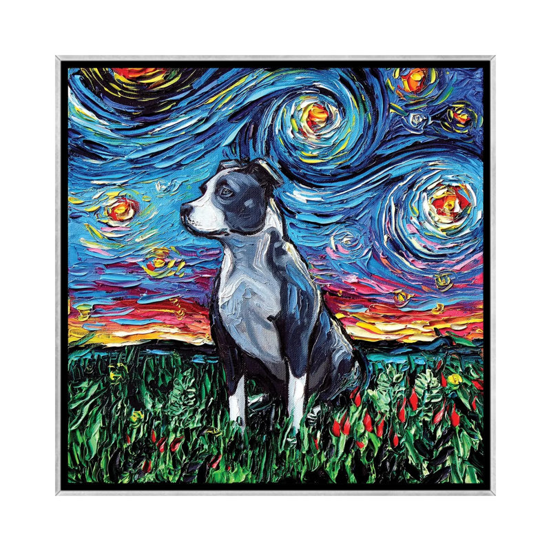 « Pitbull Night » par AJA trier, reproduction d’art, H 18 po x l 18 po x 1,5 po, Toile avec cadre argenté, Pas de tapis