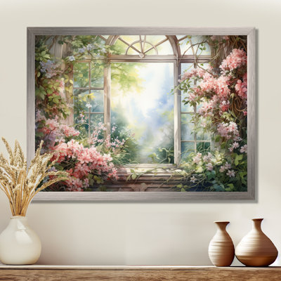 Pink Blossoming Country Window Gaze II - Floral Window Wall Art