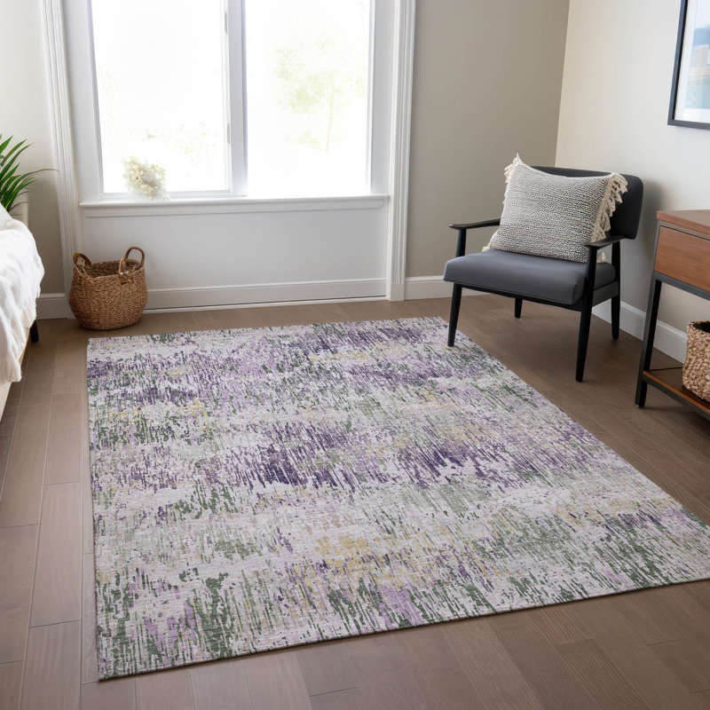 Lavender and Green Flat Woven Synthetic Washable Rug