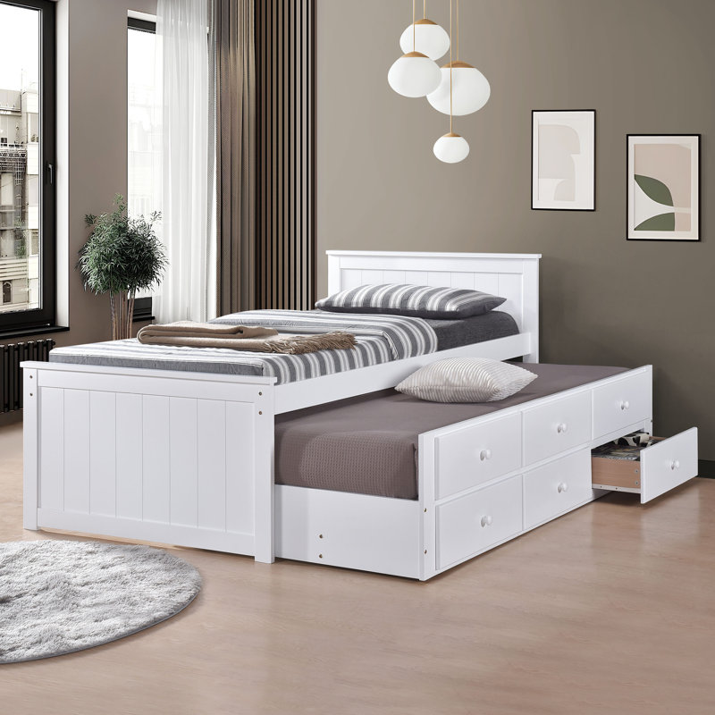 Twin Platform Bed W/ Trundle And Drawers (Fully Slated), White