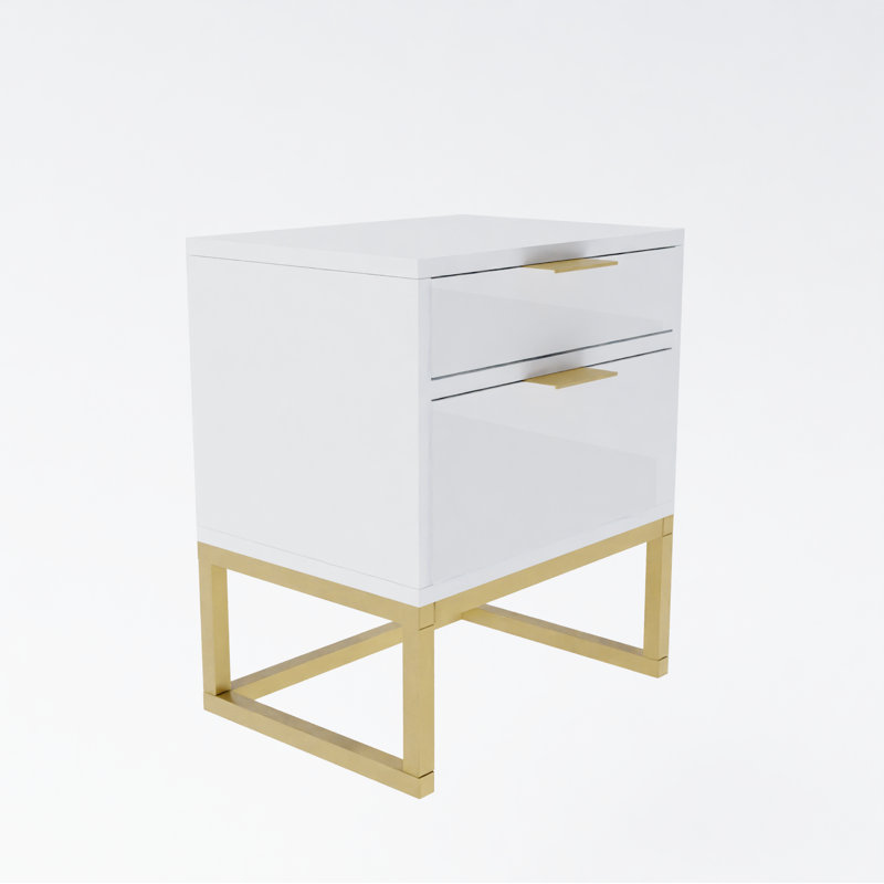 Mekenna 40cm W Metal Bedside Table, Glossy White/Gold