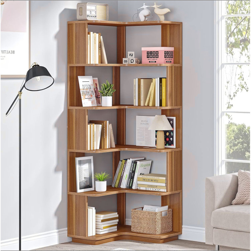 Bibliothèque de coin 64,96 "de haut à 6 niveaux, bibliothèque industrielle en forme de L de 64,9 pouces de hauteur avec panneau anti-chute, étagère de rangement sur pied autoportante pour bureau à domicile