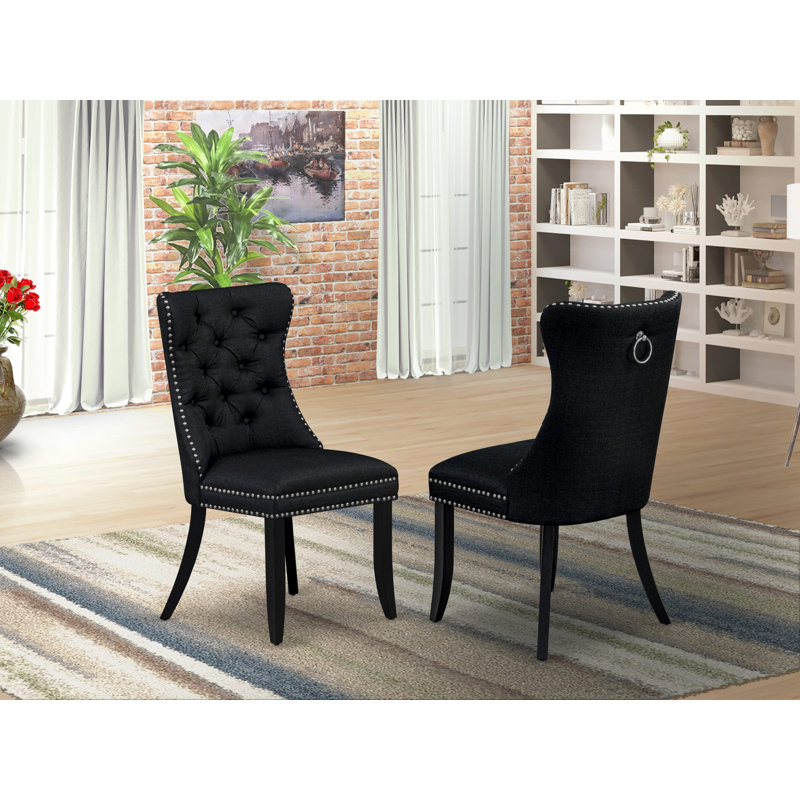 Dallas Parson Kitchen Chairs - Button Tufted Nailhead Black Polyester Fabric Upholstered Dining Chairs, Set of 2, Wirebrushed Black