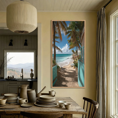  Très grand art mural encadré vertical sur toile de palmier, reproduction de scène de plage, paysage côtier serein, pastel, clôture, vagues de l'océan, décoration murale pour le salon, chambre à coucher, 24 x 48 po