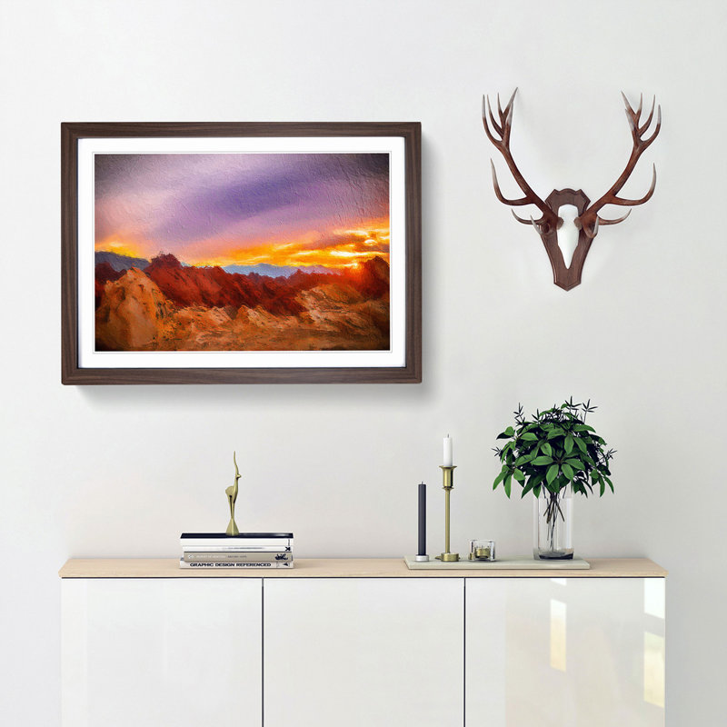 Sunset at the Valley of Fire - Picture Frame Painting Print, 27cm H x 36cm W x 2cm D, Walnut Framed
