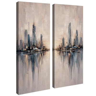Décoration murale moderne bleu neutre représentant une silhouette urbaine en bord de mer – Ensemble de 2 impressions sur toile 32 po x 12 po x 2 po