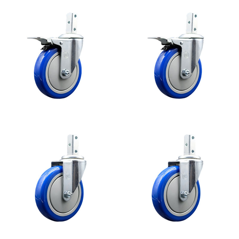 Ensemble de roulettes à tige carrée en poly pivotant 2 freins Total Lock, Bleu