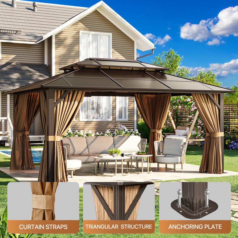 16 Ft. W x 12 Ft. D Metal Frame Patio Gazebo with Polyethylene Double Roof, 16 Ft. W x 12 Ft. D, Brown