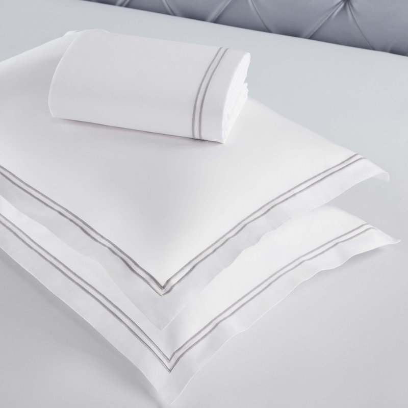 Fieldstone Cotton Two-Line Embroidered 3 Piece Duvet Cover Set by Superior, Queen Duvet Cover +2 Standard Shams, White/Silver