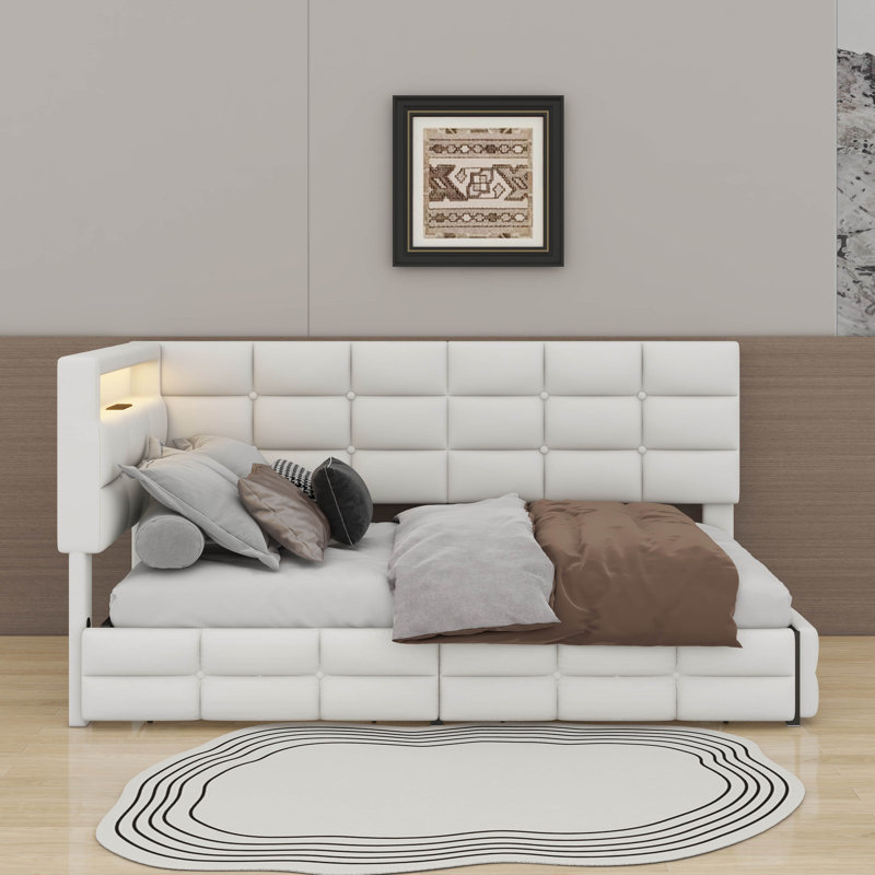 Lit de jour rembourré simple avec 2 tiroirs, lumières DEL et station de charge, Beige